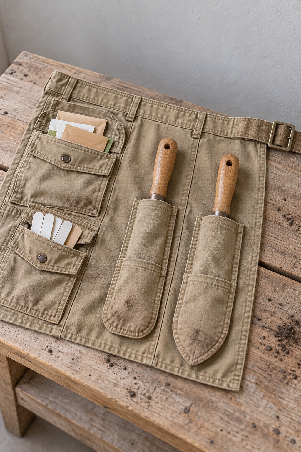 Beige fabric garden tool roll with individual pockets and small wooden handled tools