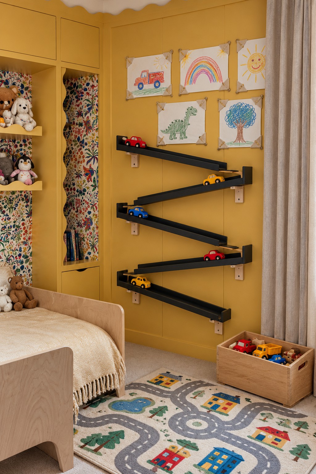 Five alternating dark toy car ramps on a yellow wall above a wooden car box and road patterned rug