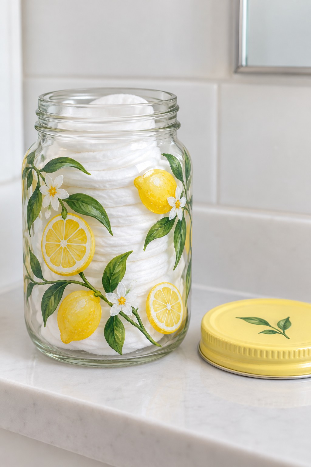 Clear jar with painted lemons white blossoms and green leaves holding cotton pads beside a yellow lid