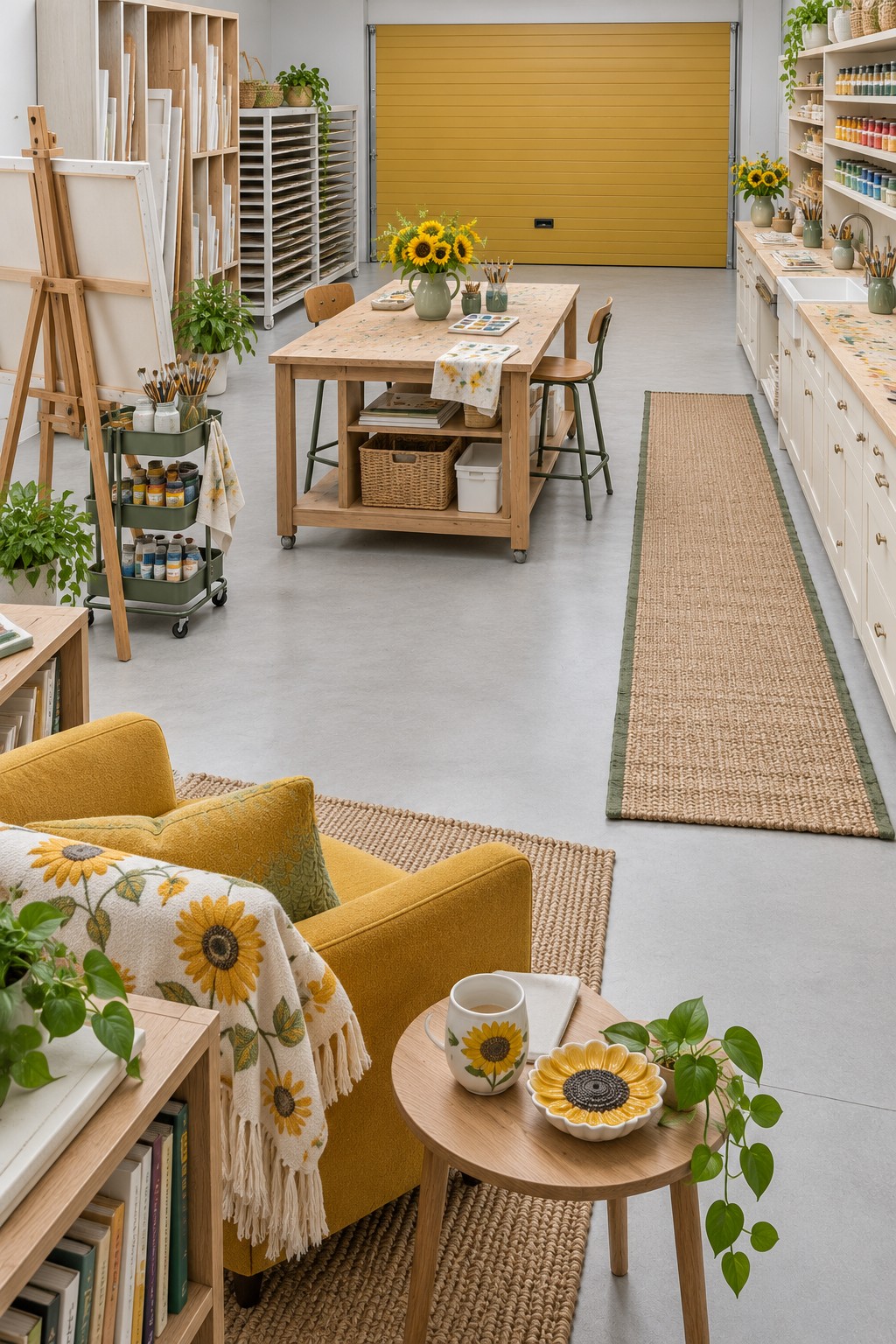 Sunflower themed garage painting studio with a yellow door, easels, canvas racks, paint shelves, and wheeled worktable
