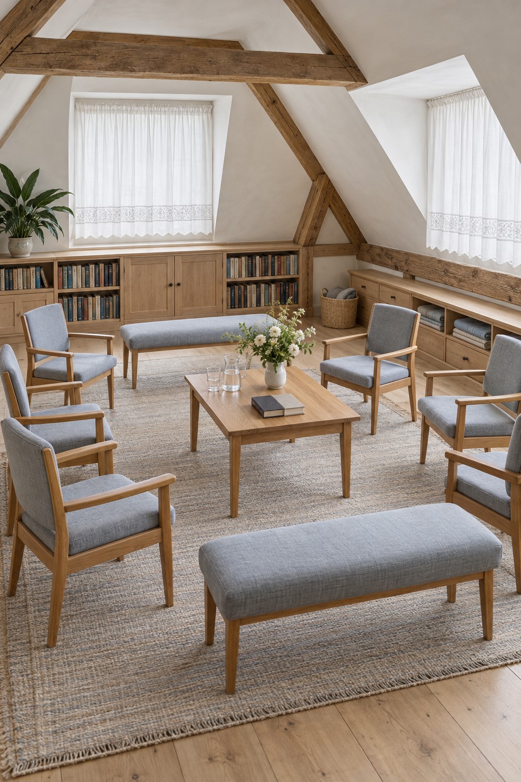 Simple timber chairs and benches arranged around a low flower table in a white attic with exposed beams