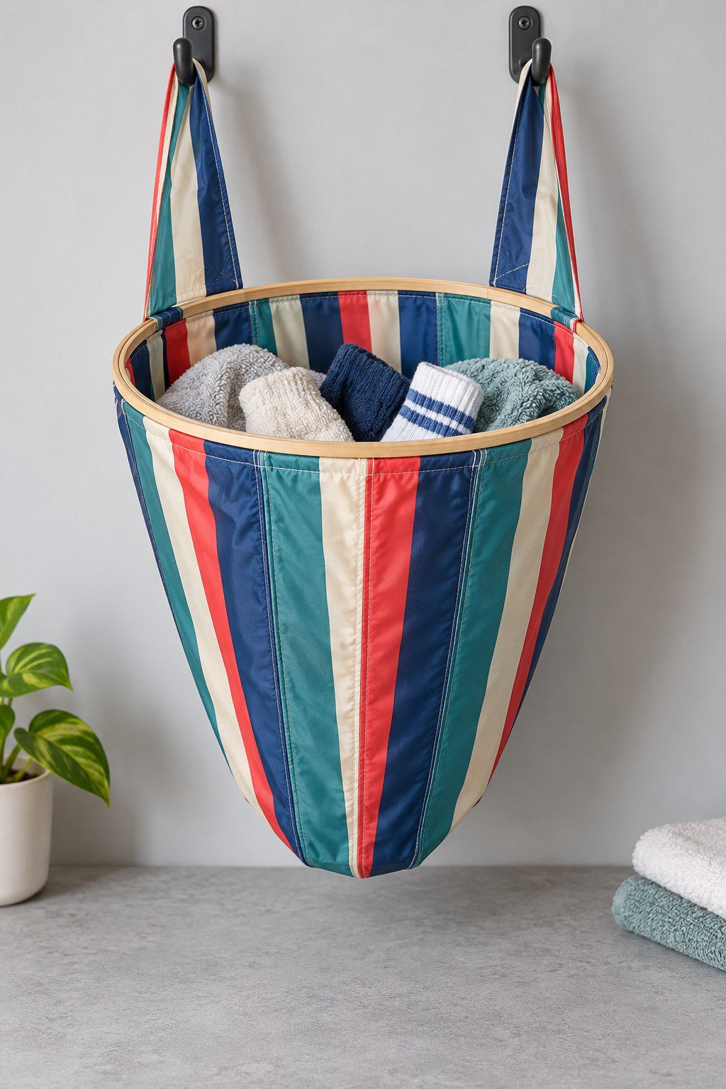 Striped red blue and teal umbrella fabric sewn into a wall hanging laundry bag with a round wooden hoop opening