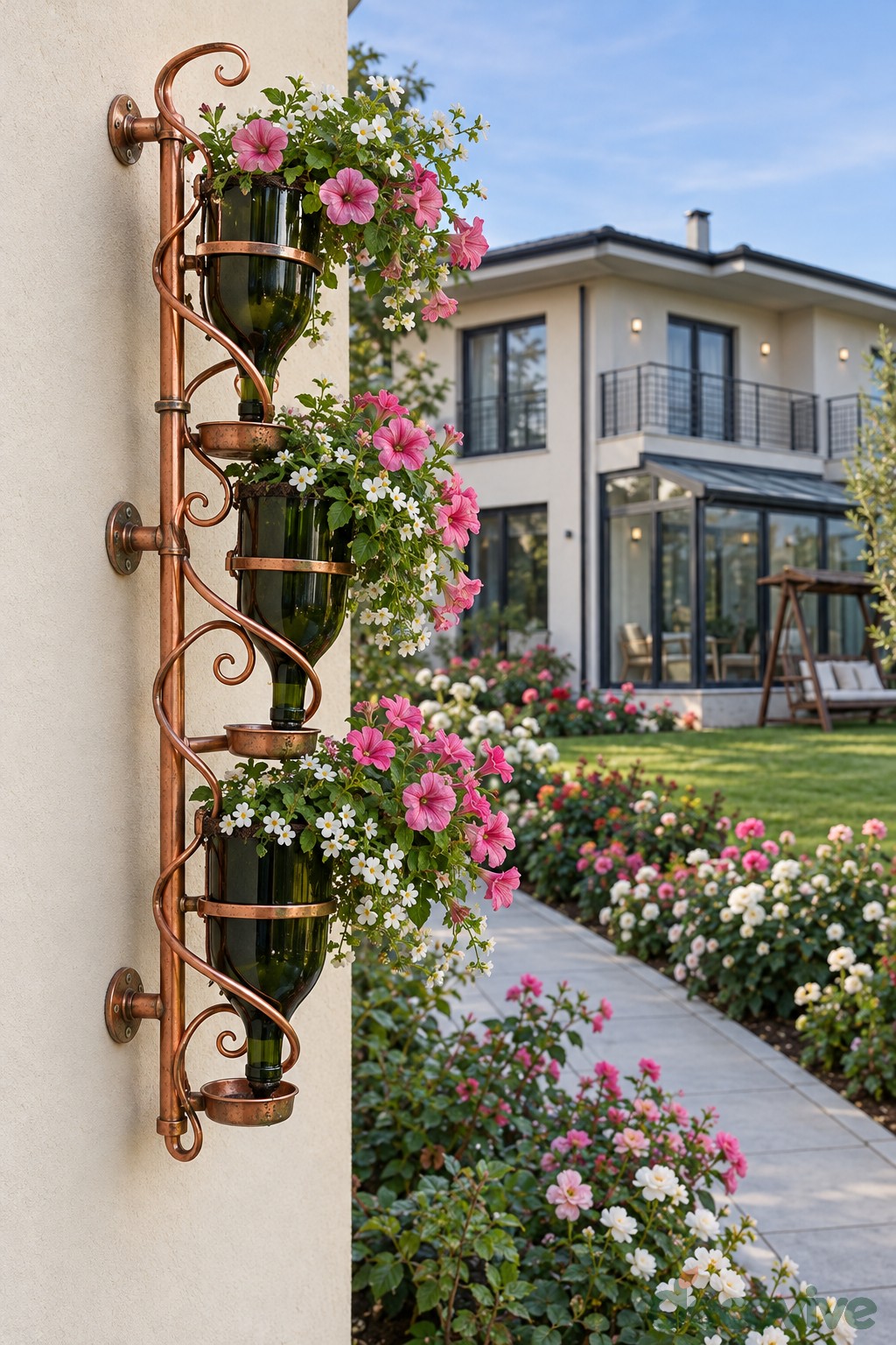 Vertical iron wall bracket holding green bottle planters and pink trailing flowers