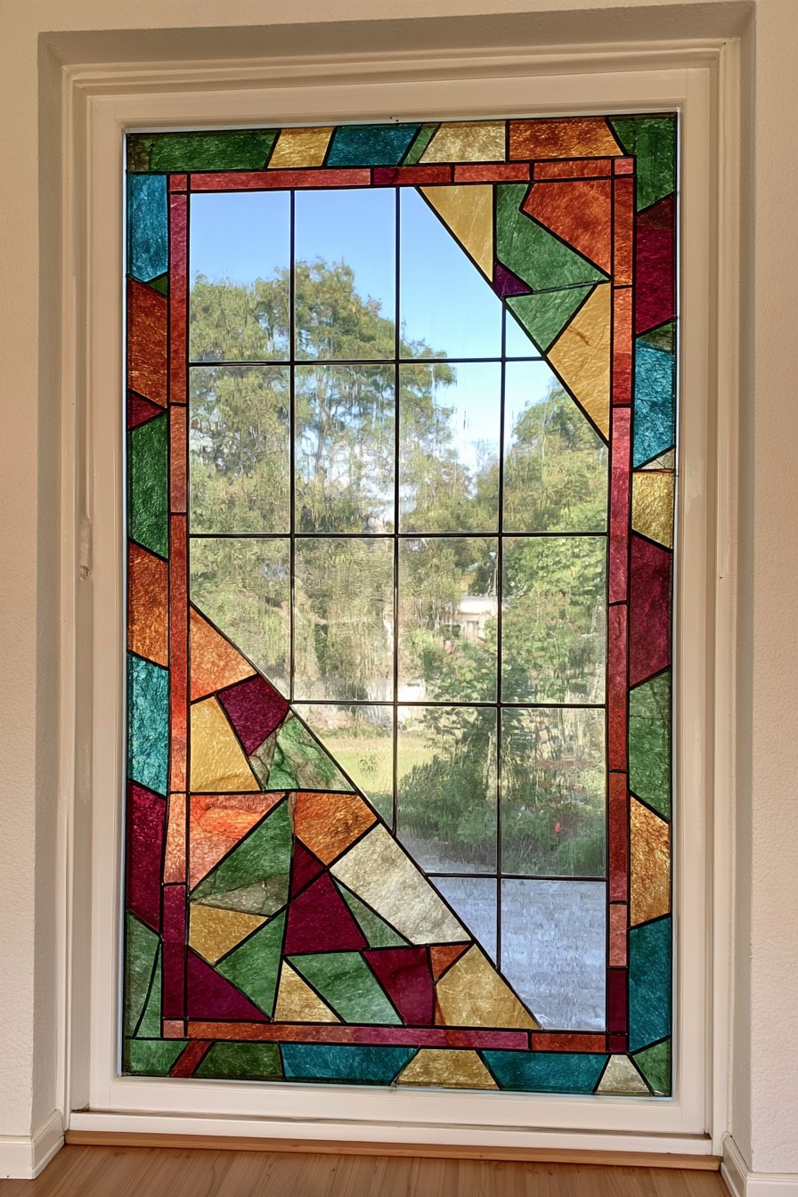 Angular burgundy, amber, green, and teal border with a large clear center and diagonal corner details