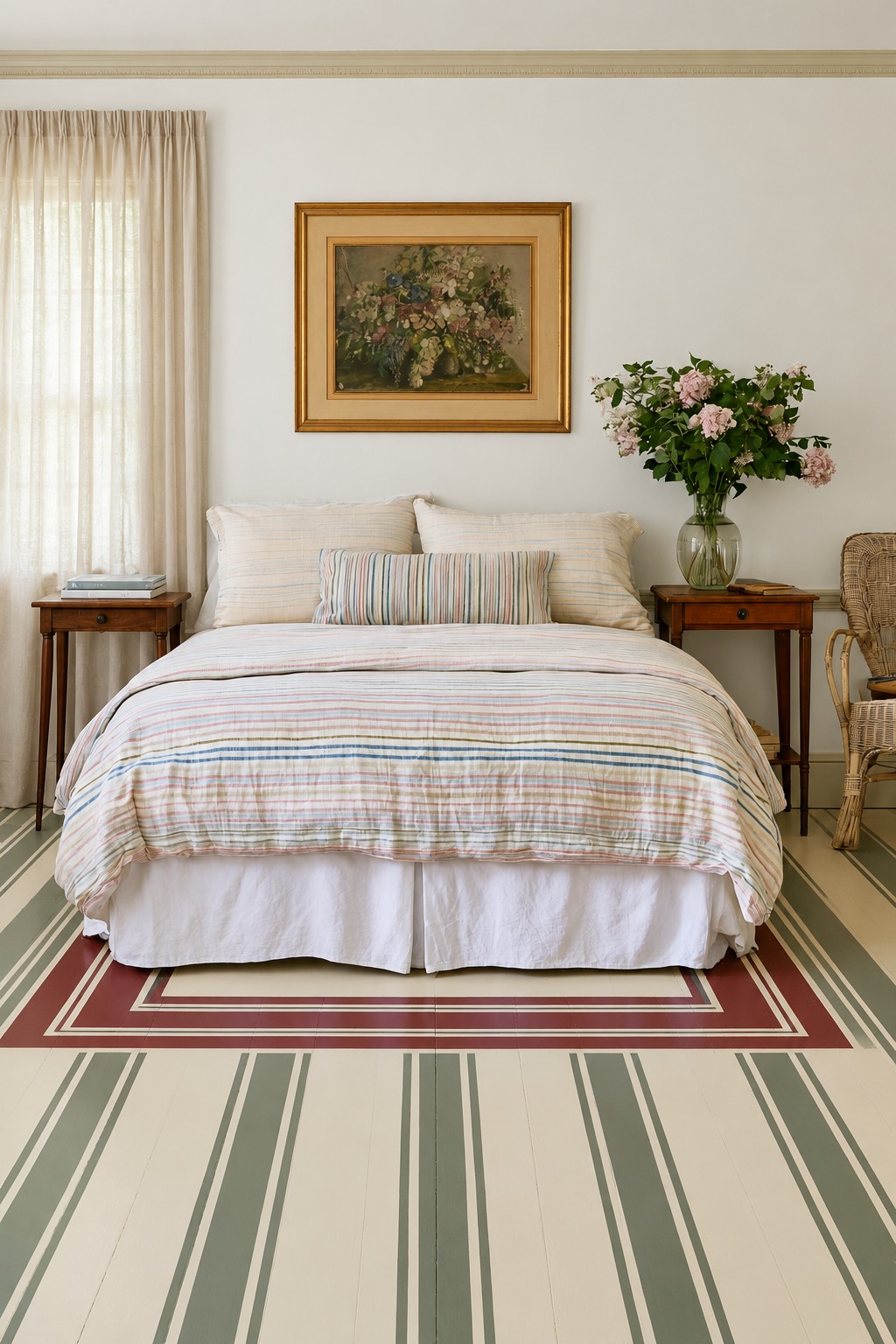 Sage and cream lengthwise floor stripes with a burgundy rectangular painted border around a bed