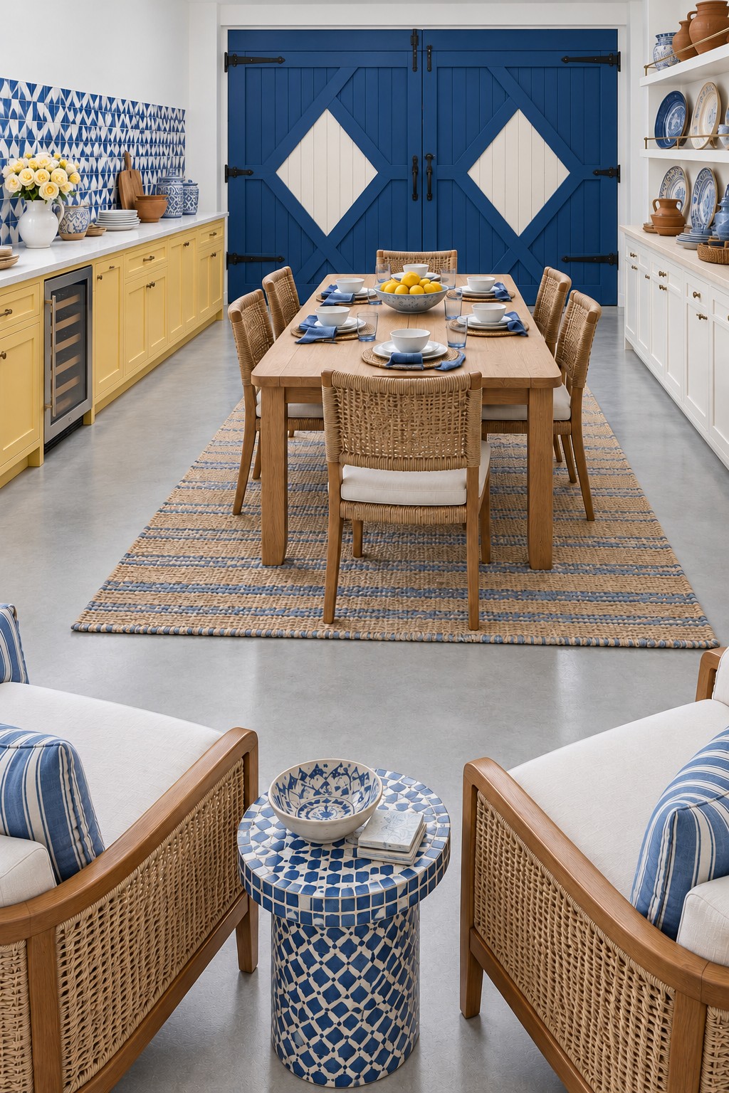 Mediterranean garage dining room with blue double doors, yellow cabinets, patterned tiles, a wooden table, and cane chairs