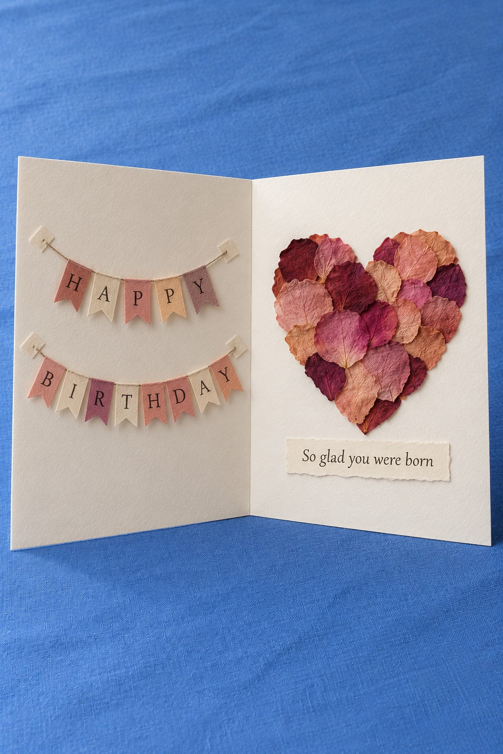 Open cream birthday card with small letter bunting on the left and a heart made from dried petals on the right