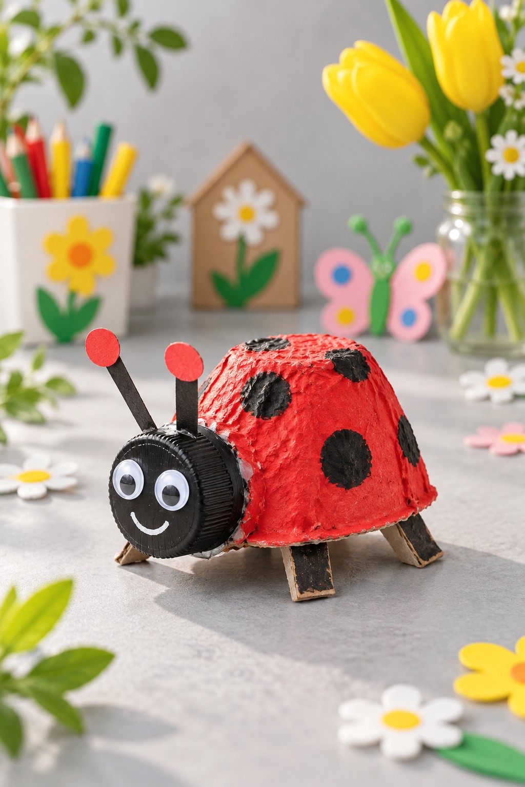 Red ladybug made from textured molded paper packaging with black spots and a black cap face