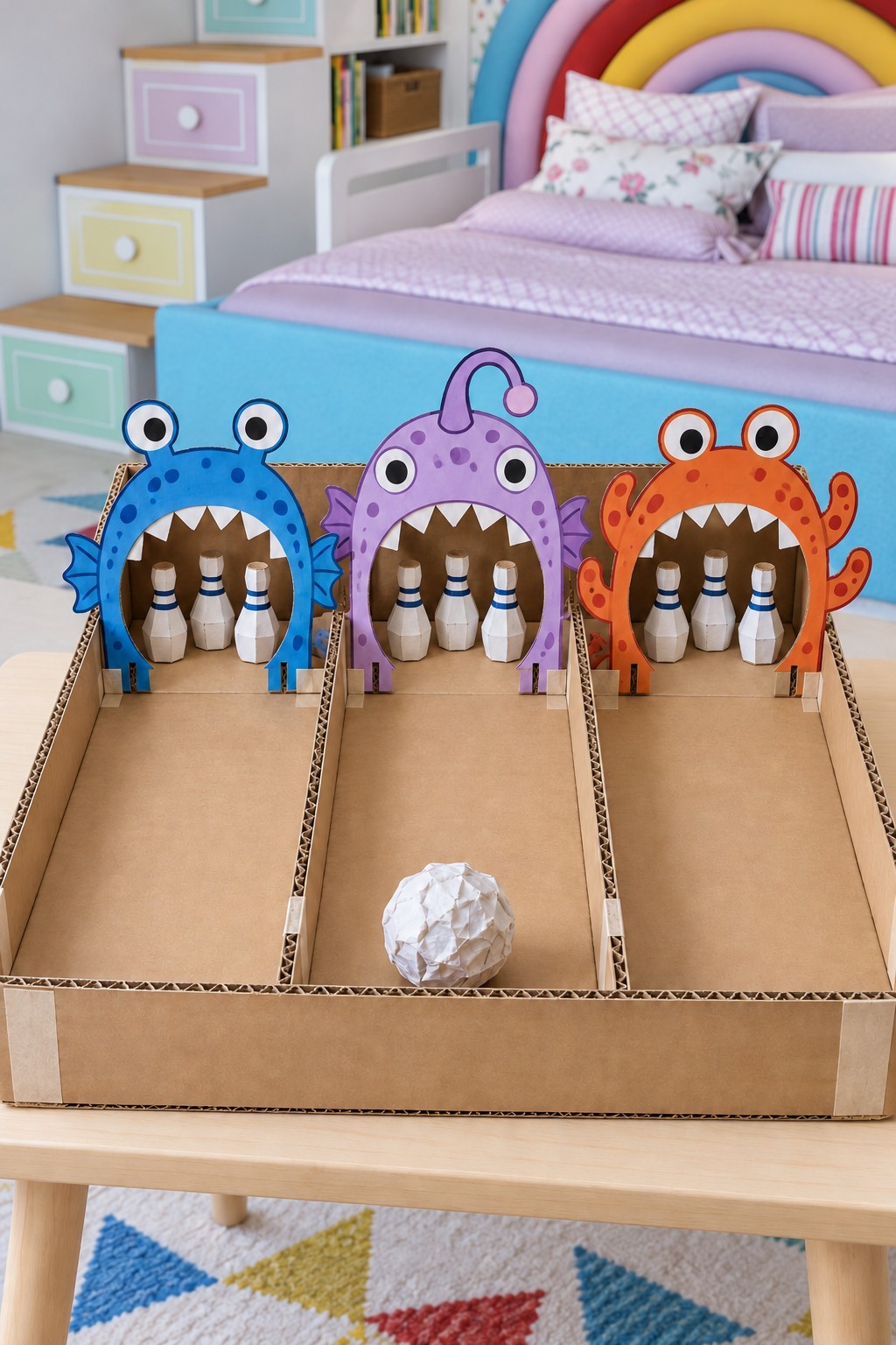 Three cardboard bowling lanes with blue, purple and orange monster mouths and miniature paper pins