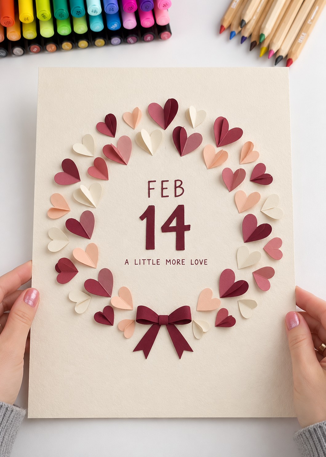 Folded paper heart wreath in cream peach pink and burgundy around Feb 14 with a burgundy bow at the bottom