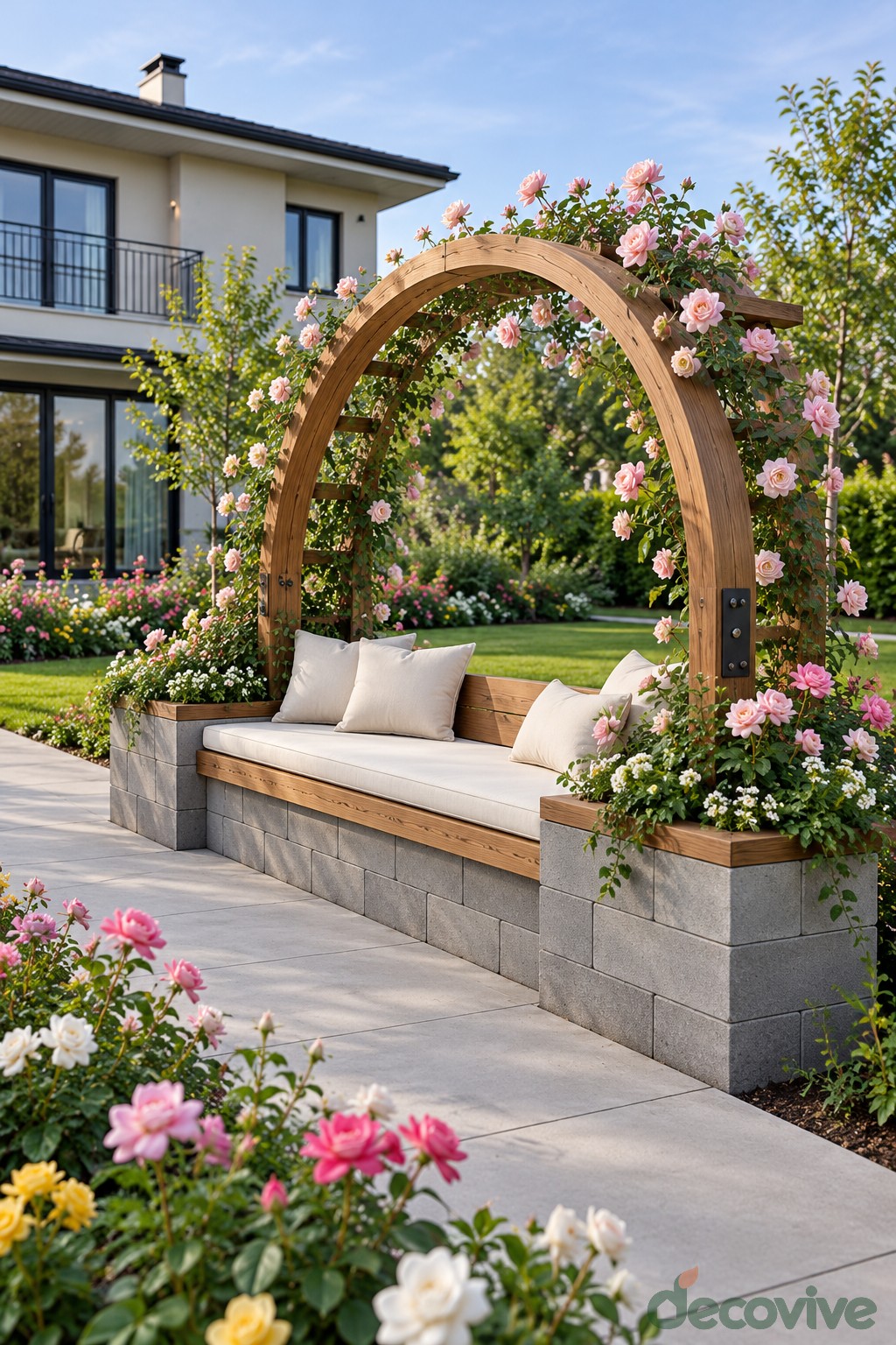 Wooden arched garden bench between concrete block planters with pink climbing roses