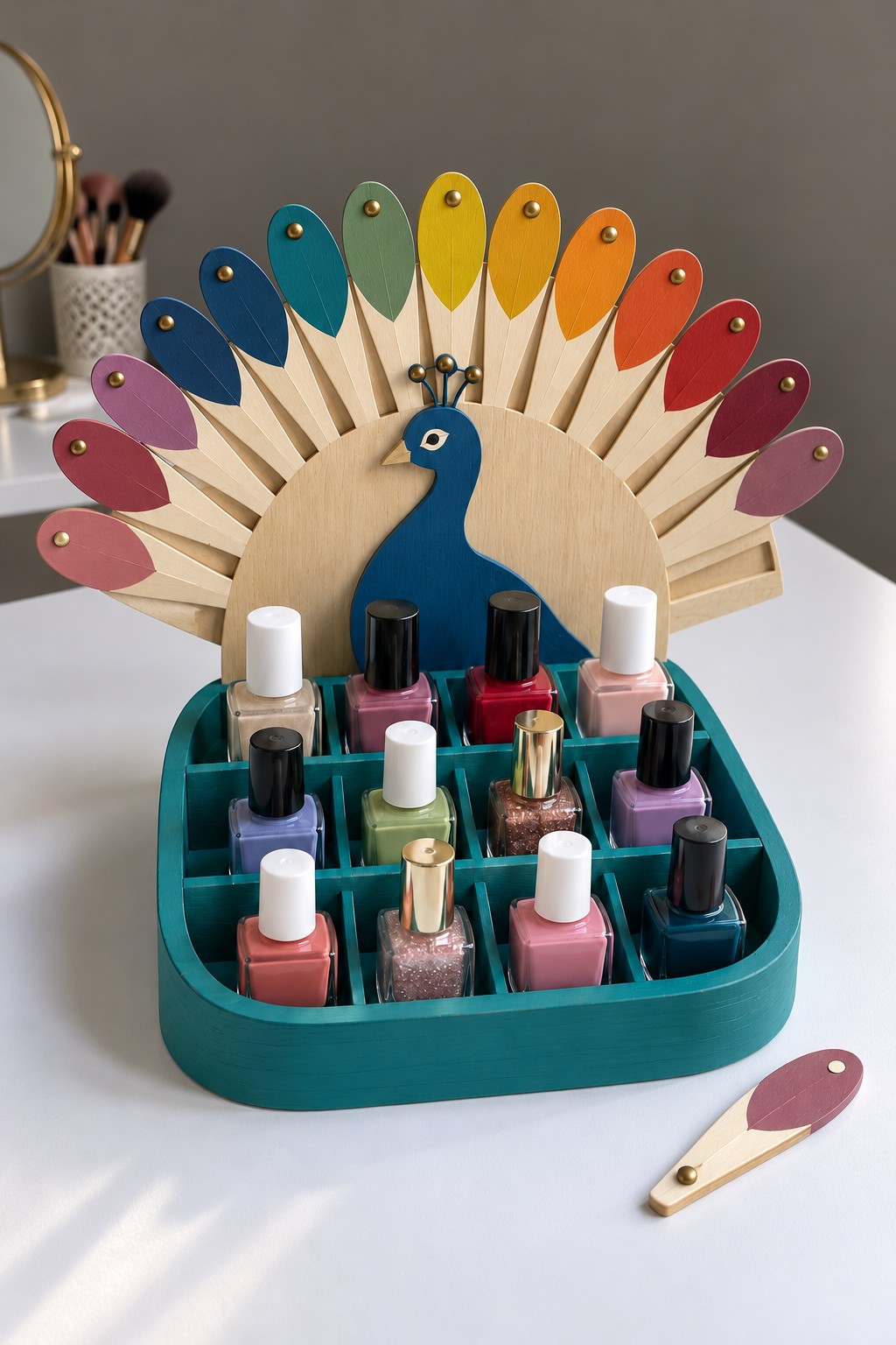 Teal divided nail polish tray beneath a wooden peacock and a fan of removable painted swatch paddles
