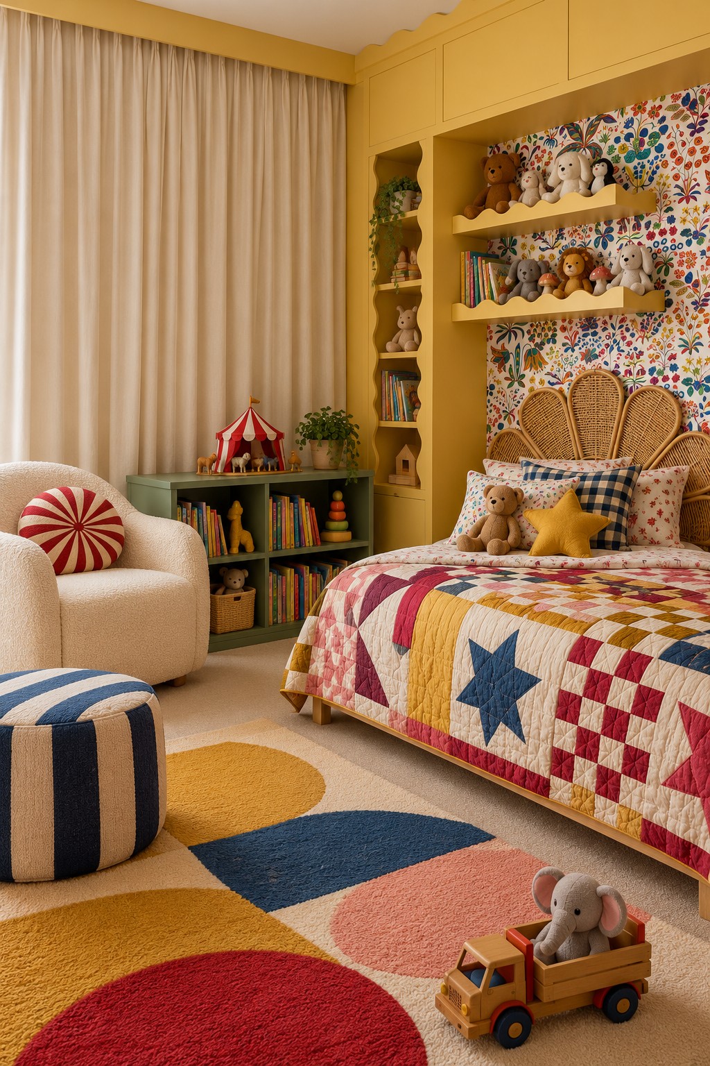 Colorful patchwork quilt beneath a rattan petal headboard with mustard cabinetry and a geometric rug
