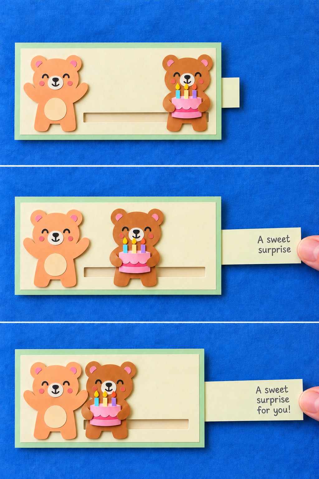 Three stages of a mint card with a cake carrying bear sliding toward another bear as a right tab is pulled
