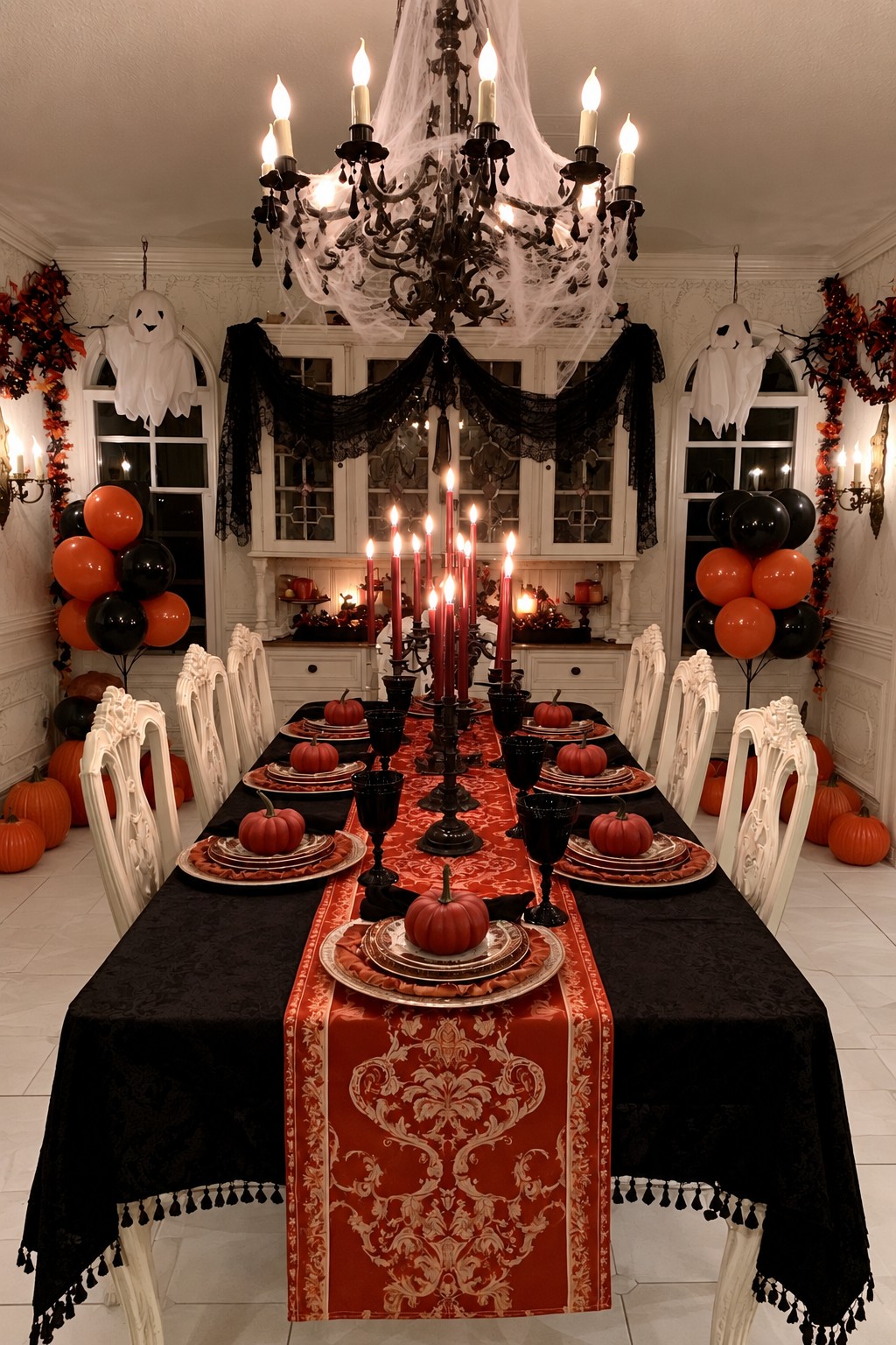 Orange runner and pumpkin place settings below a cobweb-decorated chandelier and hanging white ghosts