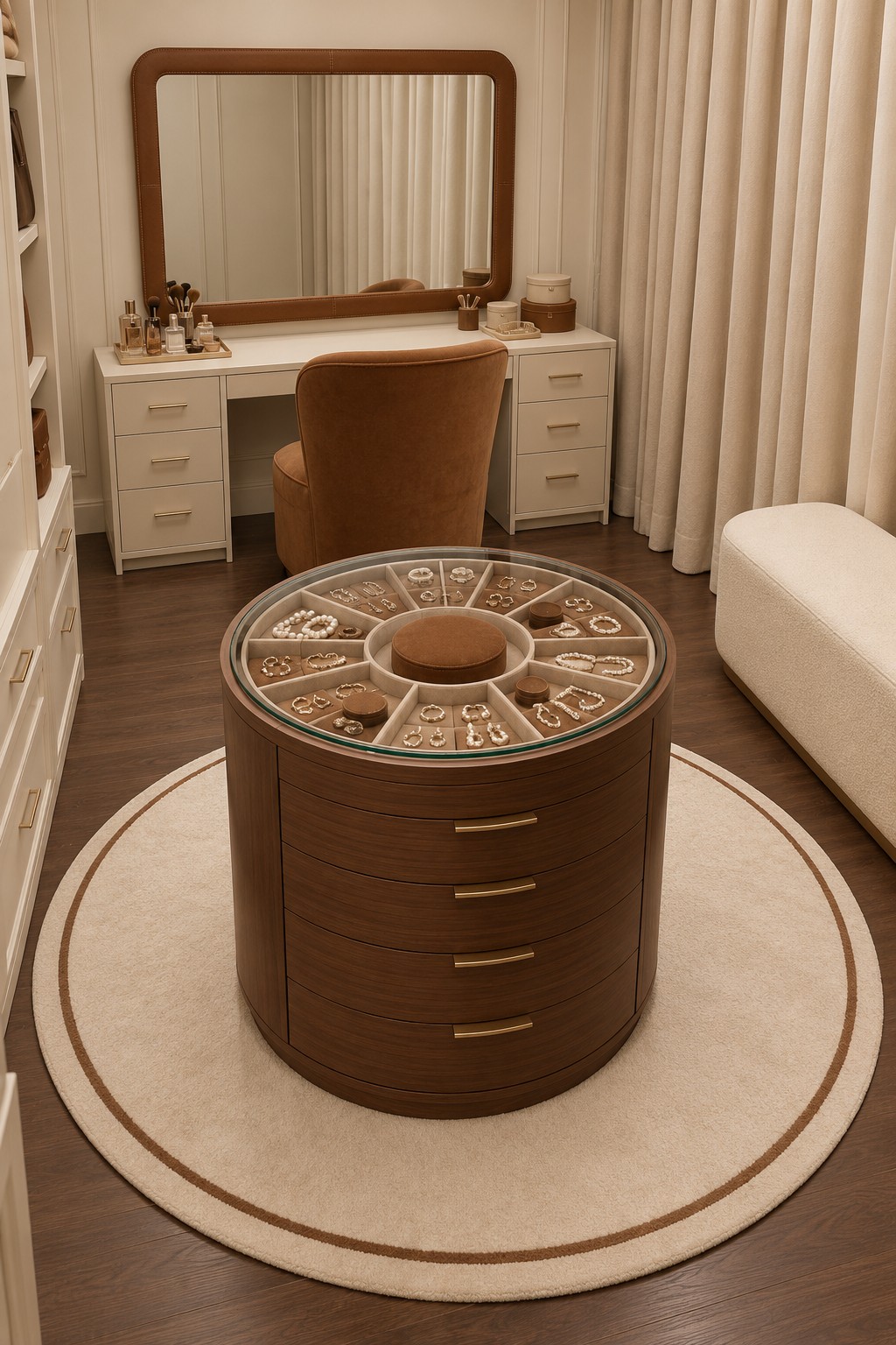 Cream vanity room with caramel chair and a round wooden jewelry island beneath a divided glass top
