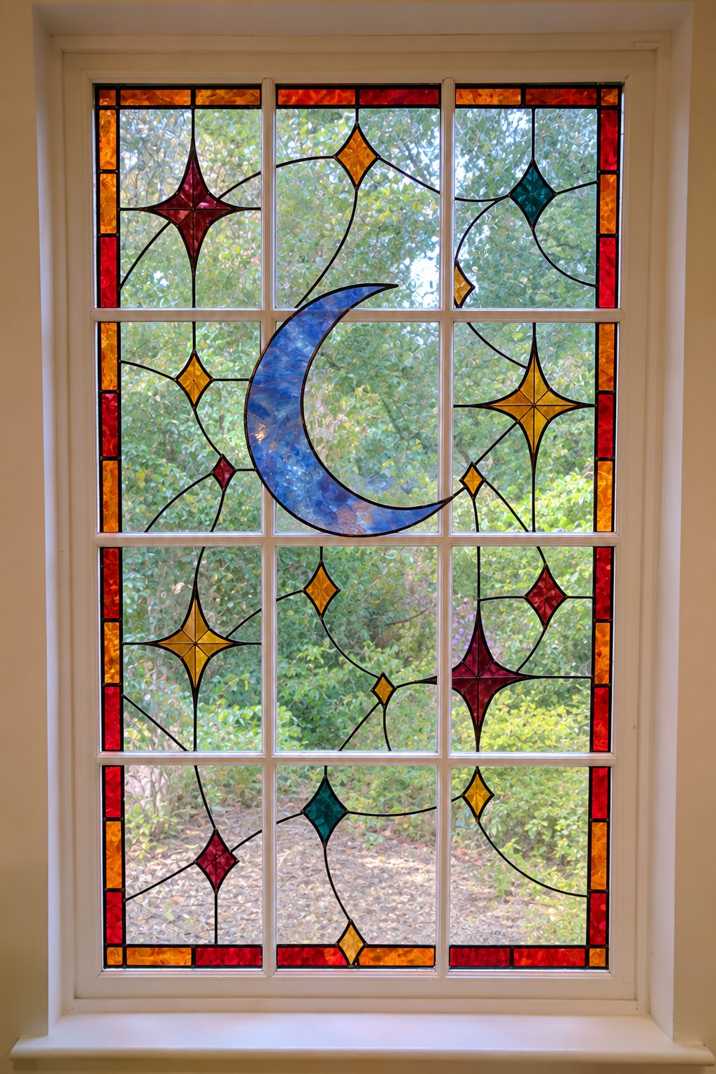 Blue crescent moon and gold, red, and teal diamond stars within a narrow warm colored border