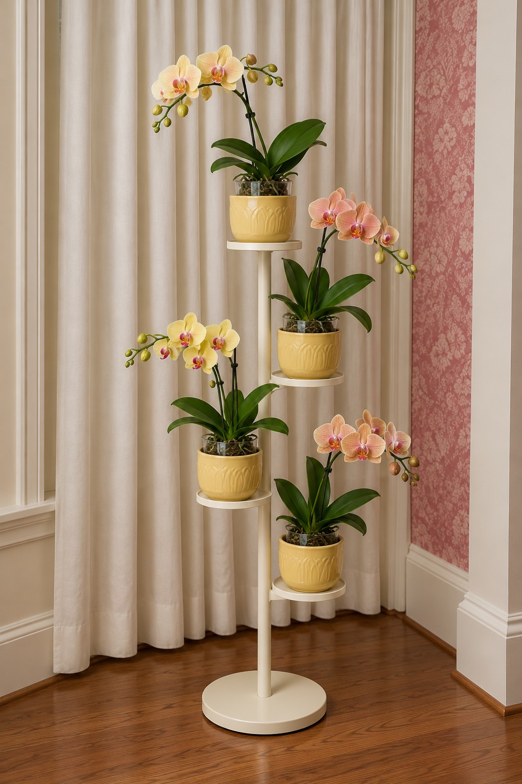 Cream metal plant stand with four yellow pots holding peach and yellow orchids