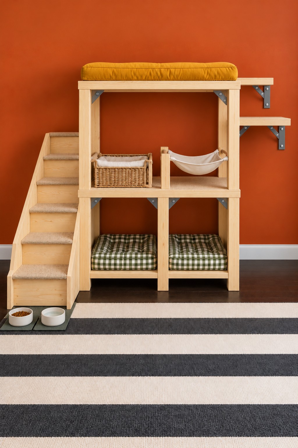 Open wooden cat tower with a mustard upper bed, middle hammock, lower green cushions, and left staircase