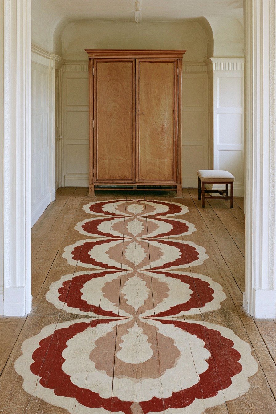 Rust red, cream, and blush scalloped medallions painted in a central row on a wooden hallway floor