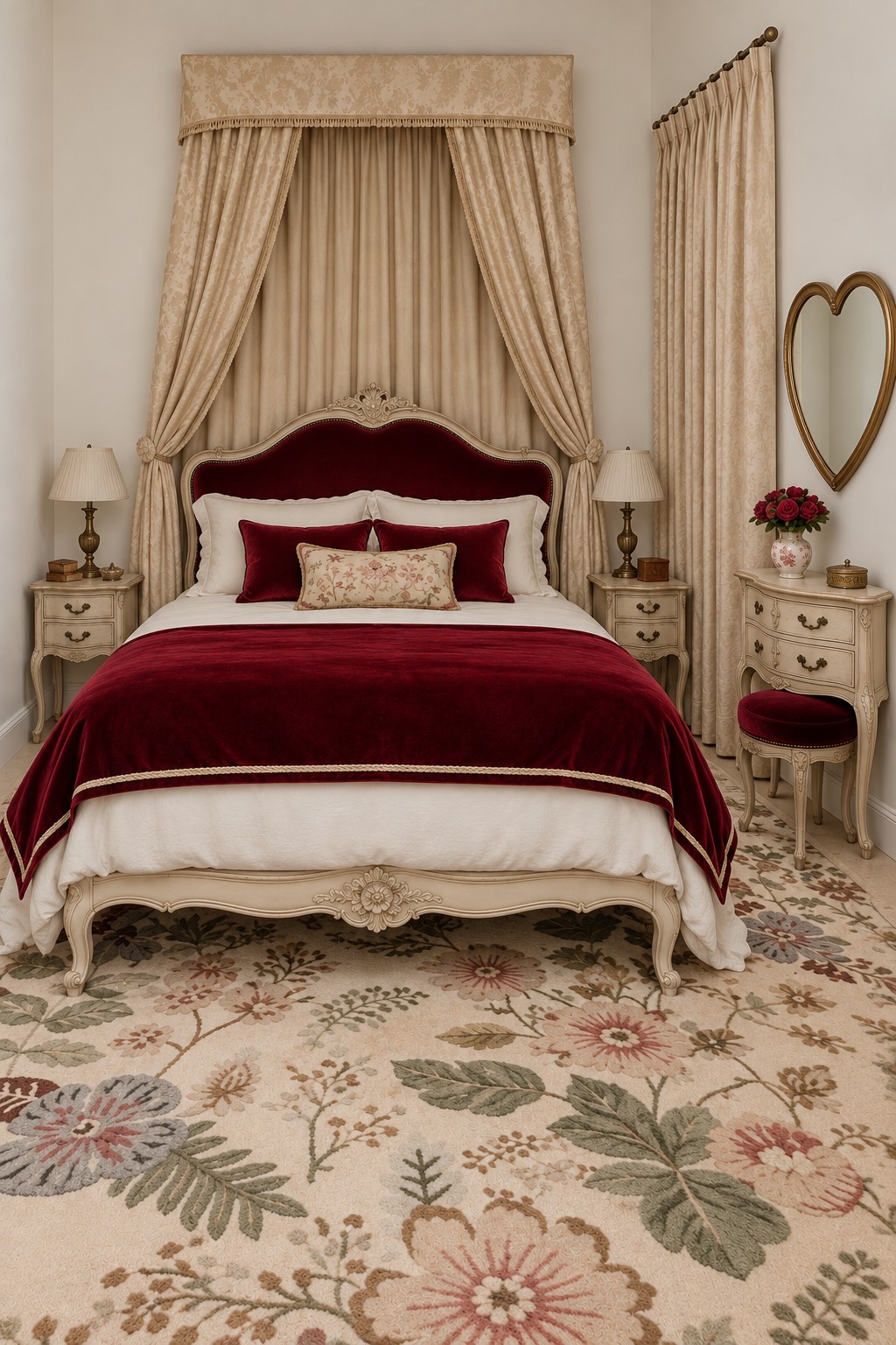 Carved cream bed with burgundy upholstery, a patterned canopy, and a heart shaped mirror above a dressing table
