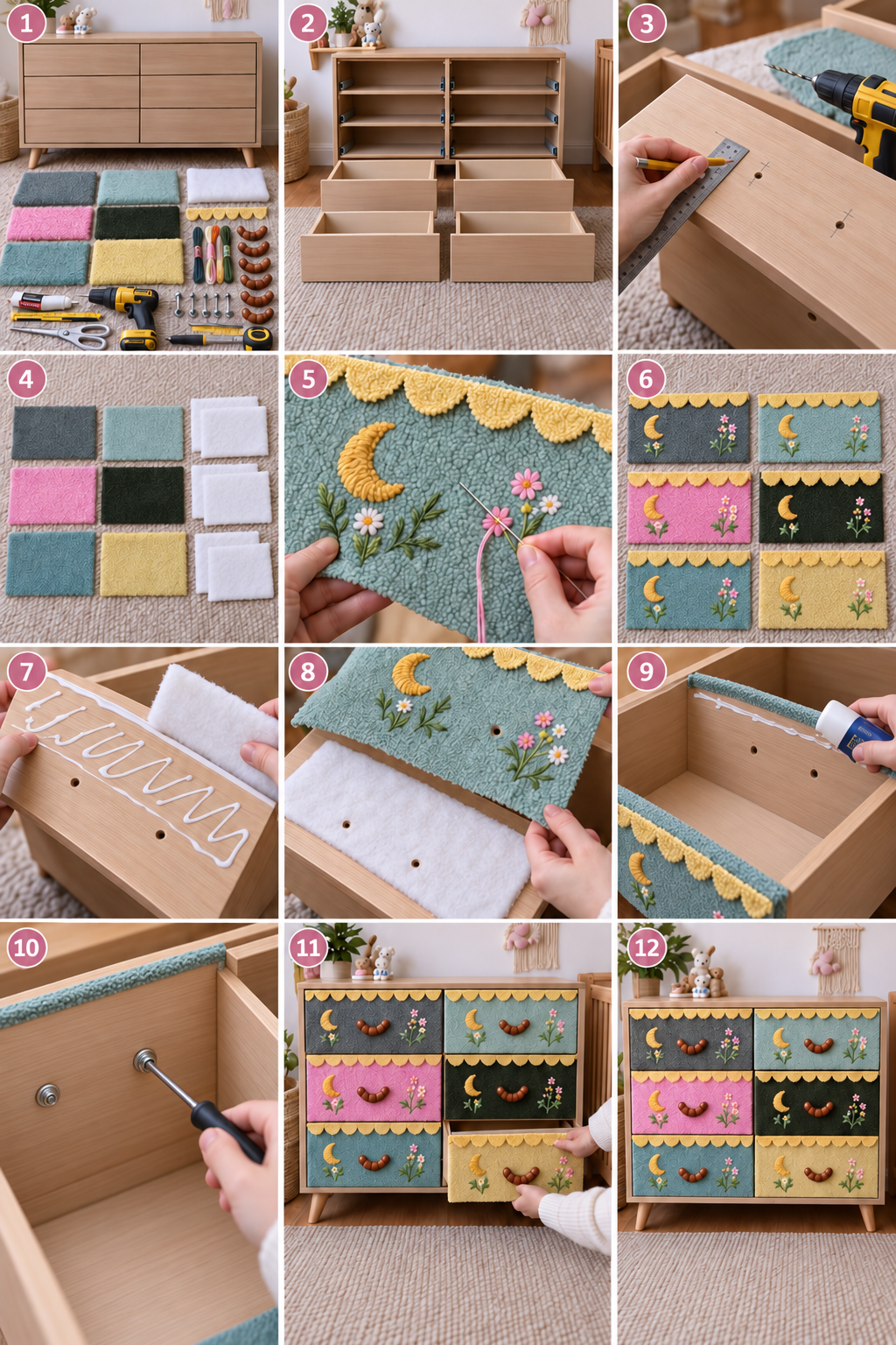 Twelve panel sequence showing embroidered textile drawer faces prepared separately, attached, and fitted with handles