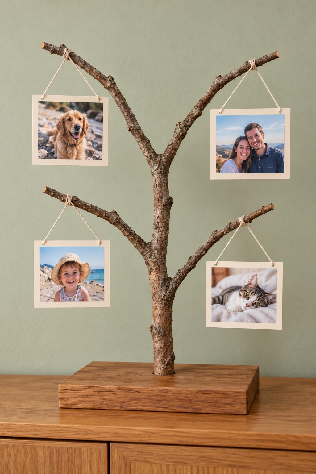 Four mounted photographs hanging from a natural branch tree secured in a wooden base