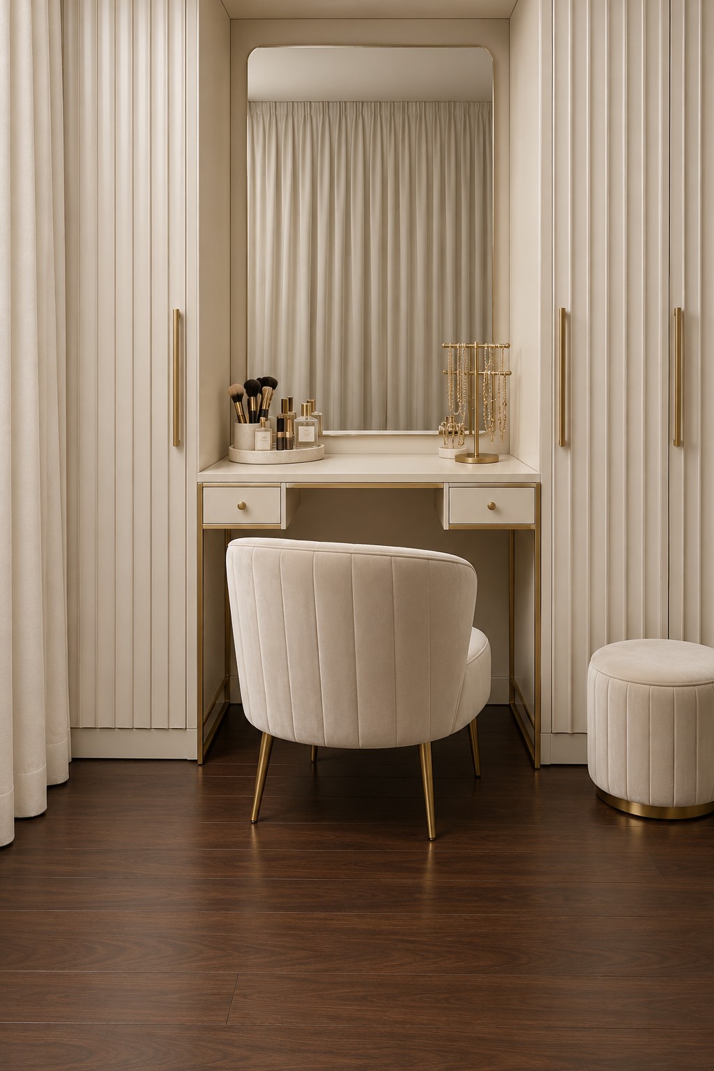 Ivory vanity niche between fluted cabinets, with a tall mirror, cream chair, and small round ottoman