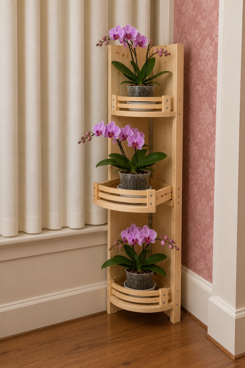 Curved wooden back panel with three rounded slatted shelves and purple orchids