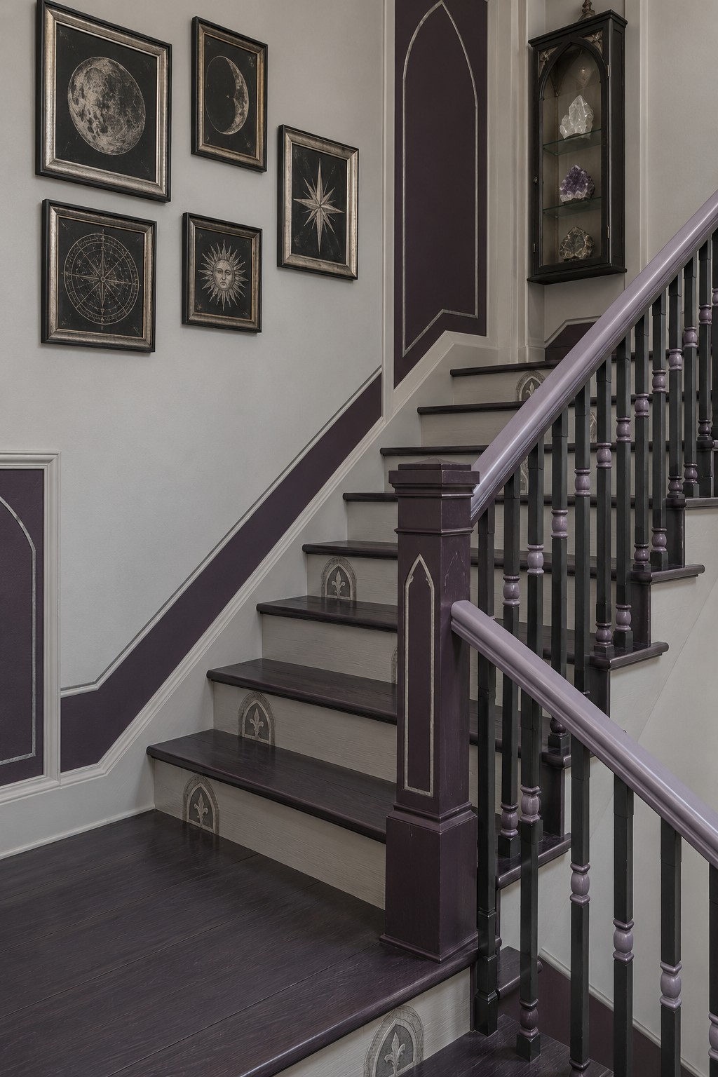 Lavender and plum staircase with pale risers, pointed arch details, and framed moon and star artwork