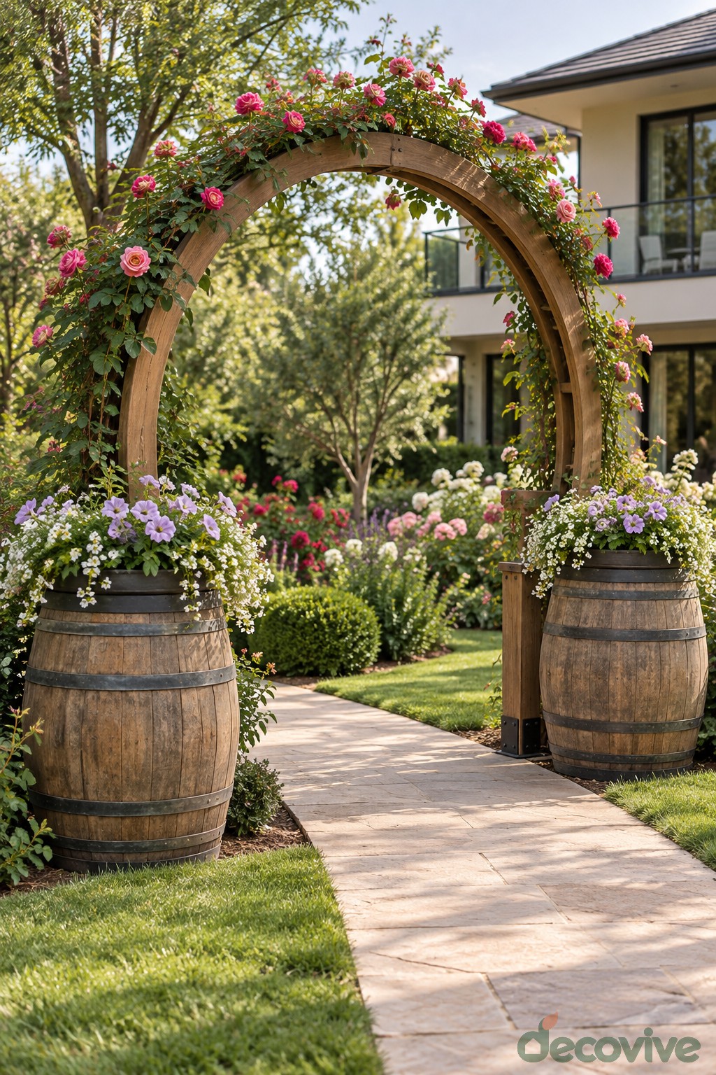 A Flowering Garden Arch Framed by Two Barrels