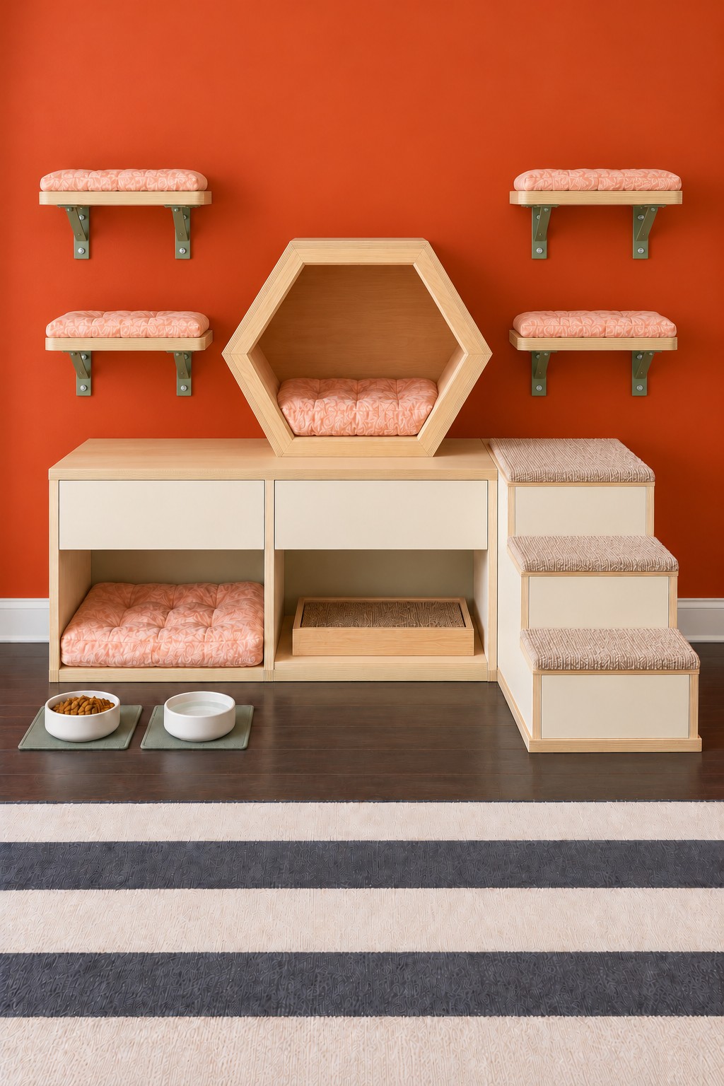 Cream storage bench with a hexagonal cat bed, four separate pink wall perches, and right stairs