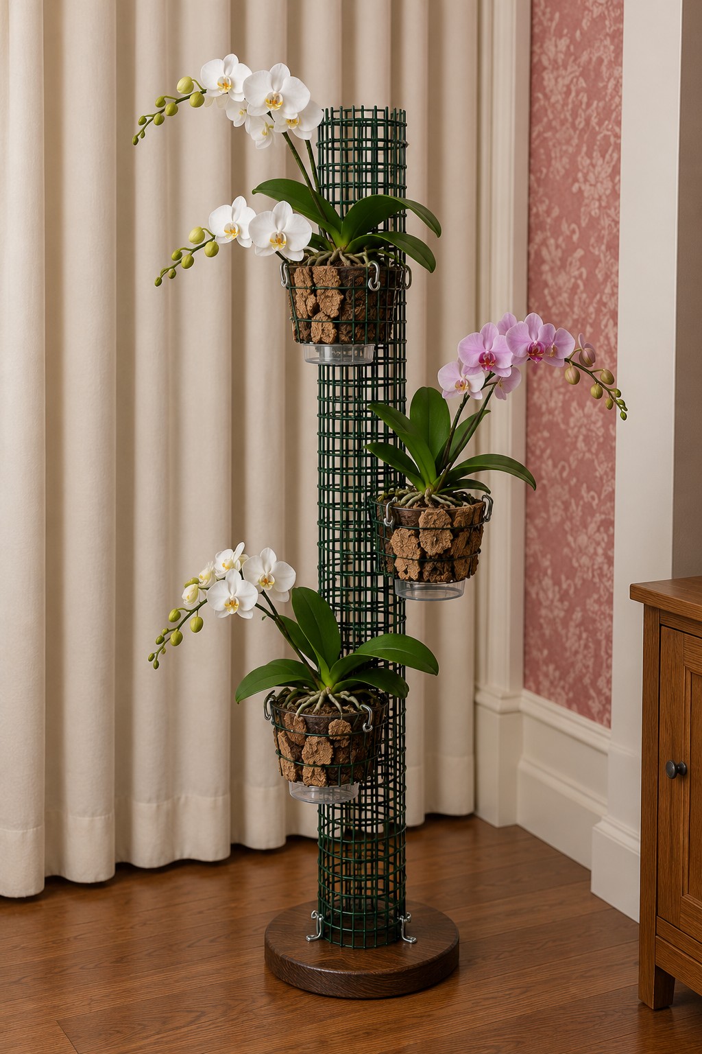 Black mesh cylindrical tower with three cork decorated orchid baskets on a round base