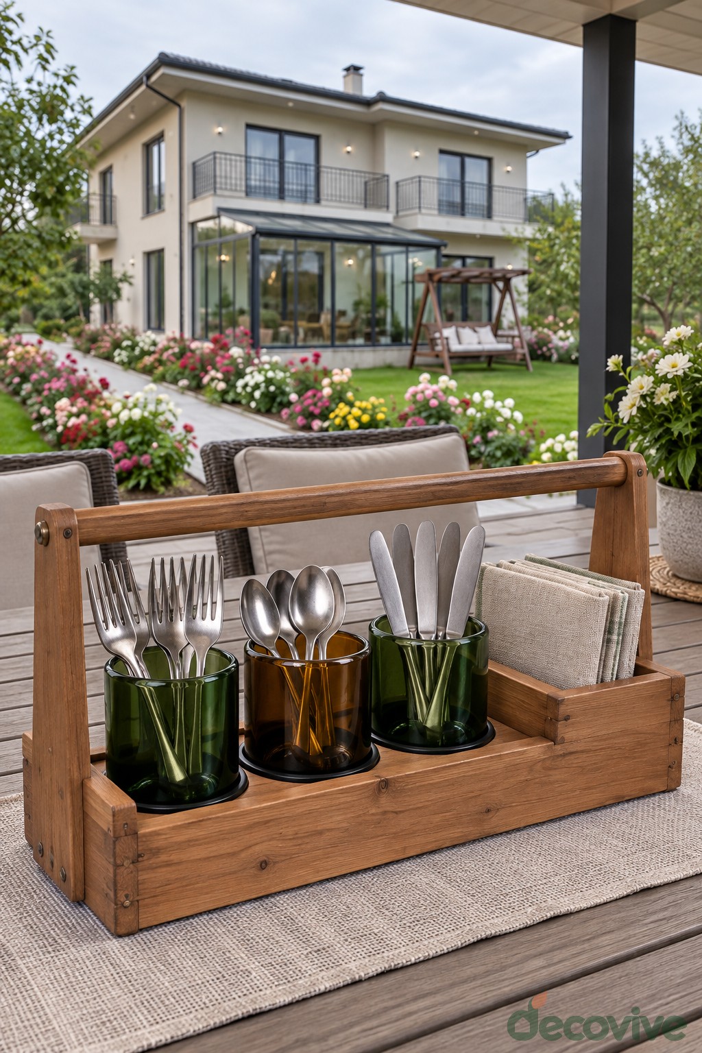 Wooden handled caddy containing wine bottle cups filled with cutlery