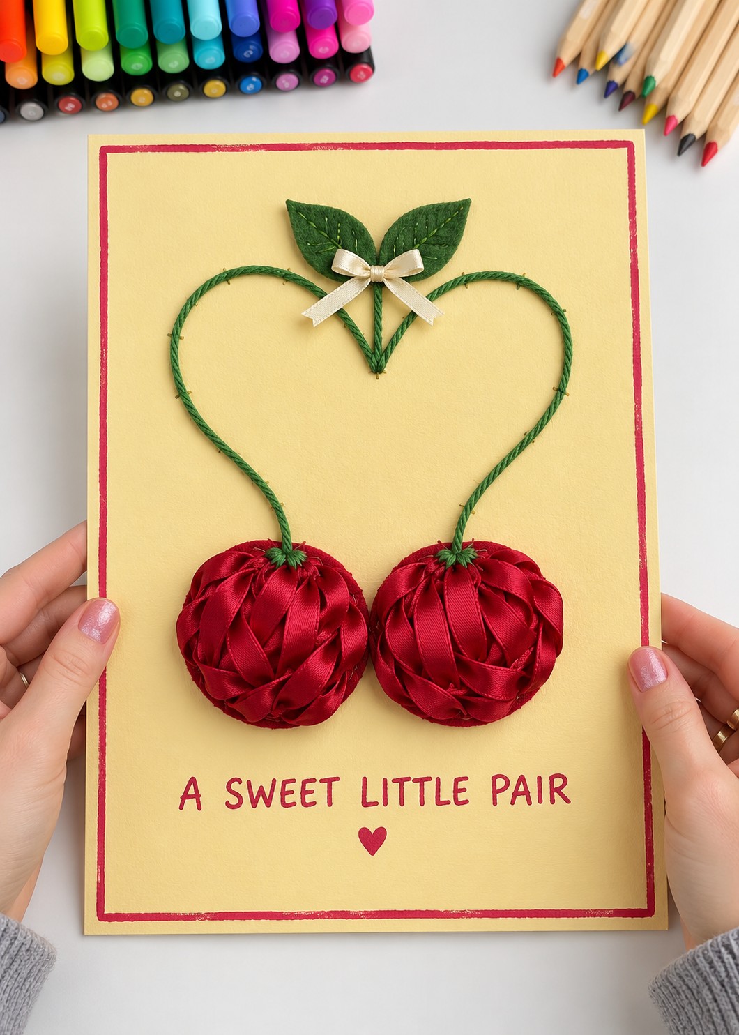 Yellow Valentine poster with two red satin ribbon cherries green heart shaped stems felt leaves and a cream bow