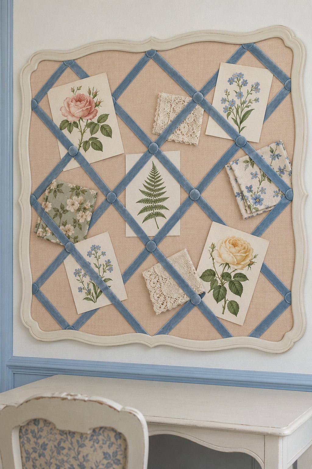 Cream shaped memo board with blue crossed ribbons holding botanical cards and lace samples on linen