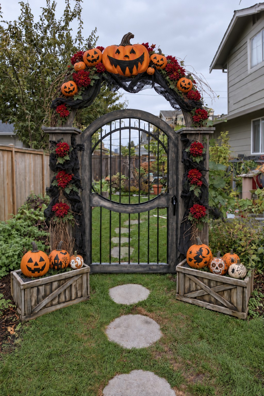 Arched garden gate with a round center, black fabric, red flowers, and painted pumpkins