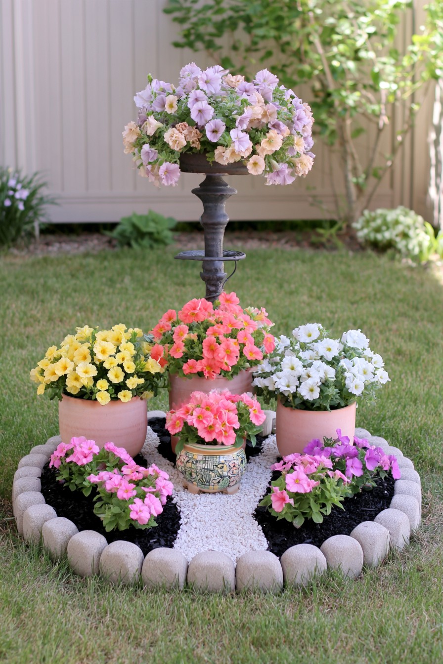 Pedestal flower bowl above grouped pink and patterned pots in a round edged bed