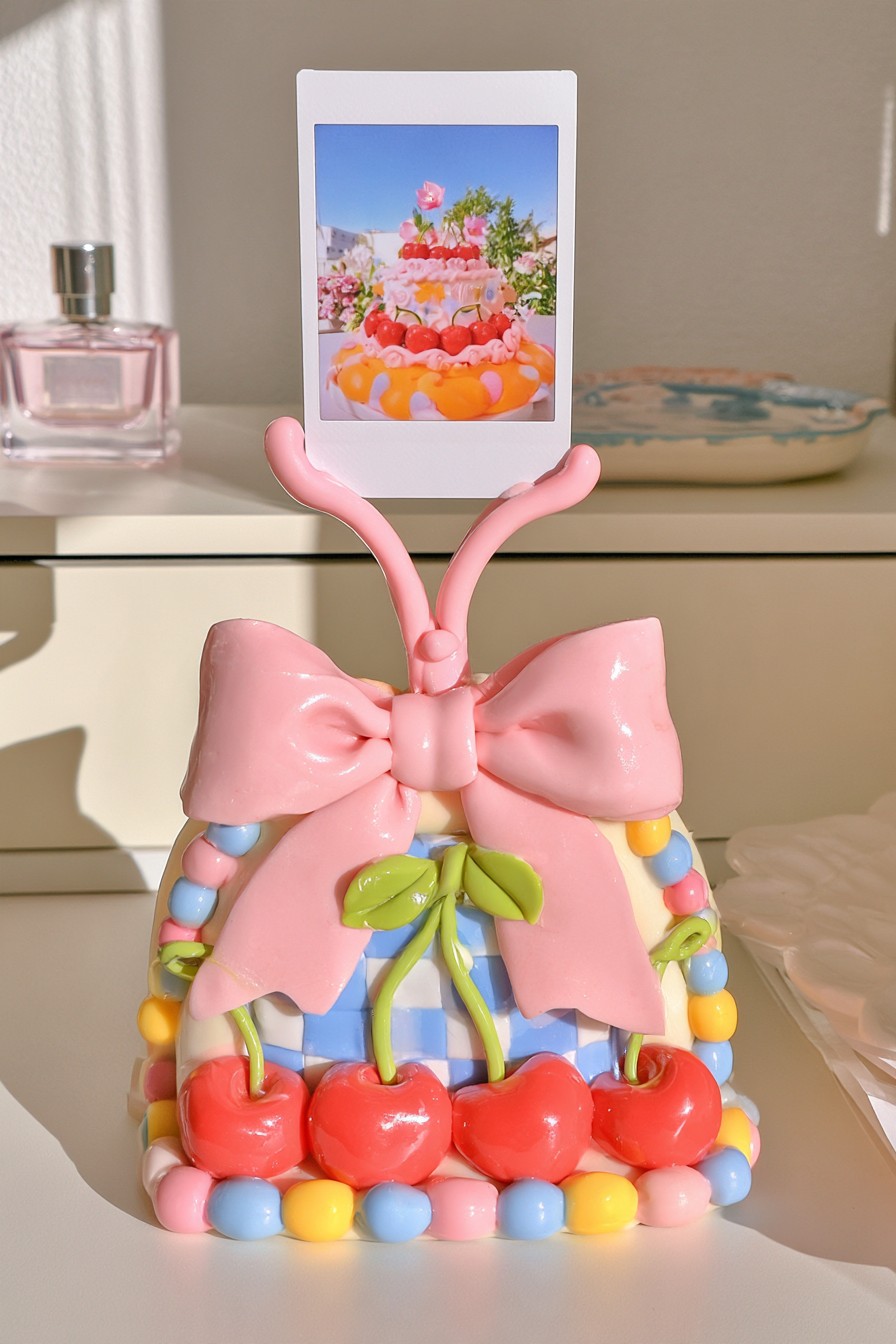 Photo stand with blue and white checks red cherries a pink bow and pastel rounded border details