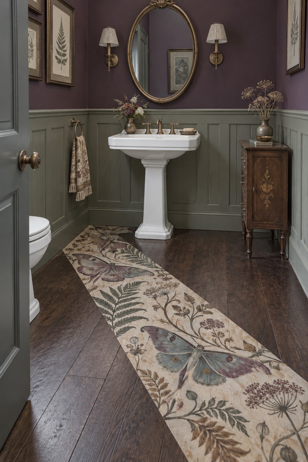 Pale narrow floor runner with large moths, fern fronds, and seed heads beside a powder room sink