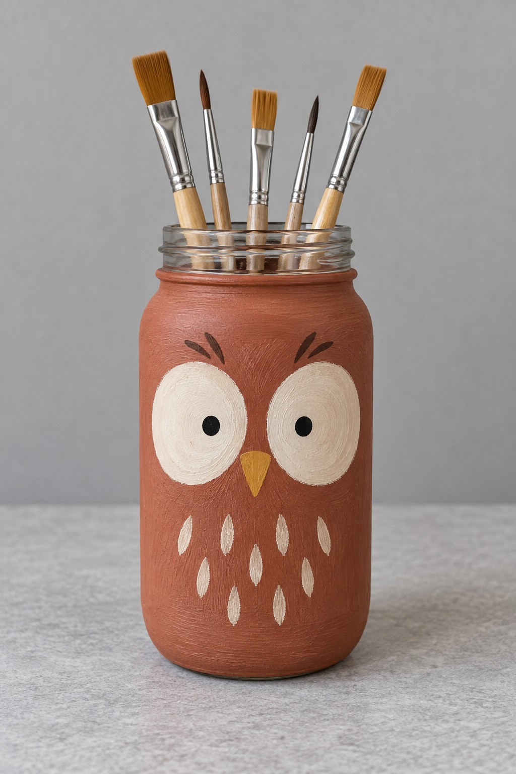 Terracotta brown jar with large cream owl eyes a yellow beak and pale feather marks holding paintbrushes