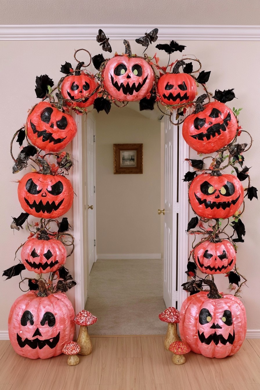 Pink-orange pumpkin arch around a doorway with black leaves and spotted mushrooms