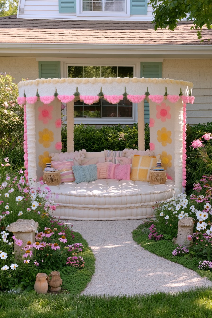 Canopied woven garden seat beside the house framed by colorful flower borders