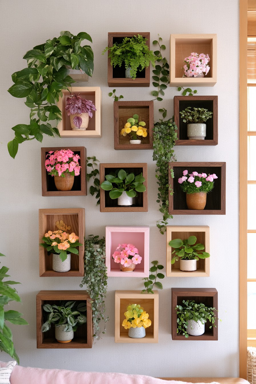 Mixed light, dark, and pink wooden box shelves with flowering pots and foliage, connected by trailing stems