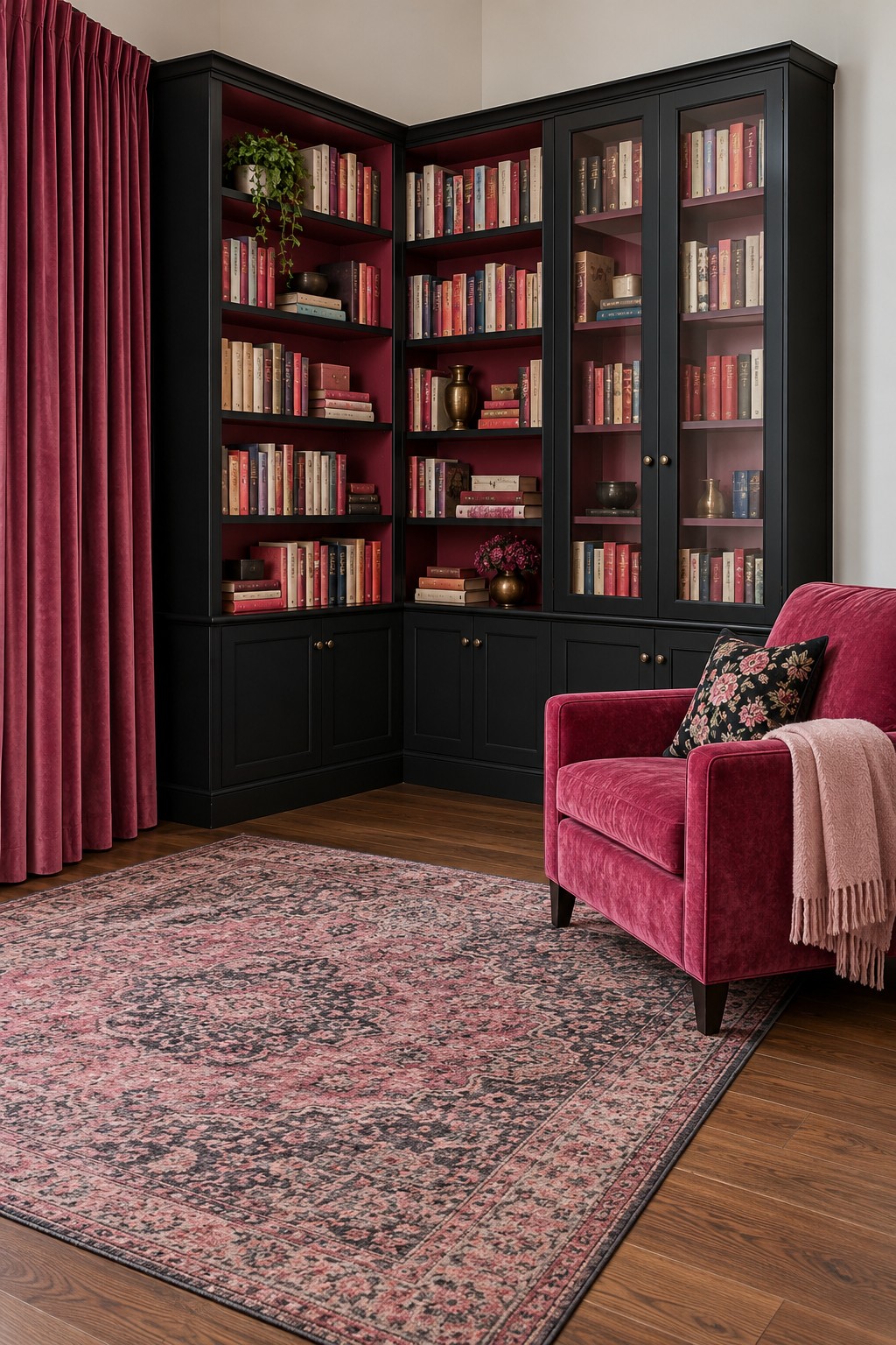 Black corner bookcases with deep red backing and a glass fronted section beside a red armchair and rose patterned rug