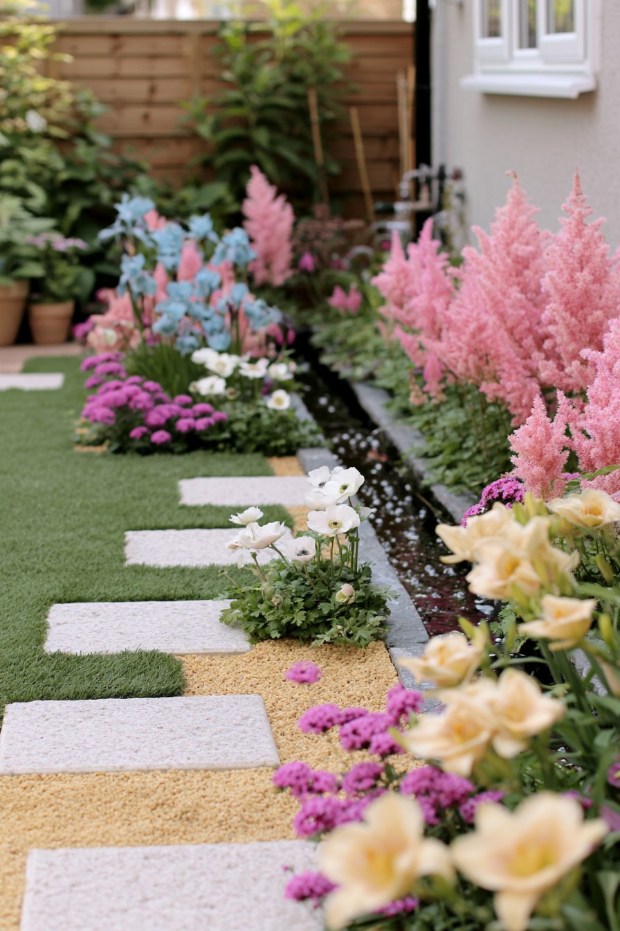Narrow water rill beside rectangular stepping stones and tall pink flower plumes