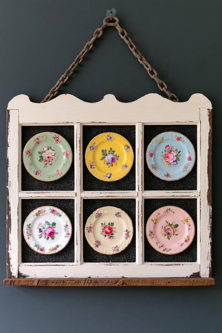 Vintage window frame used to arrange a collection of floral china plates