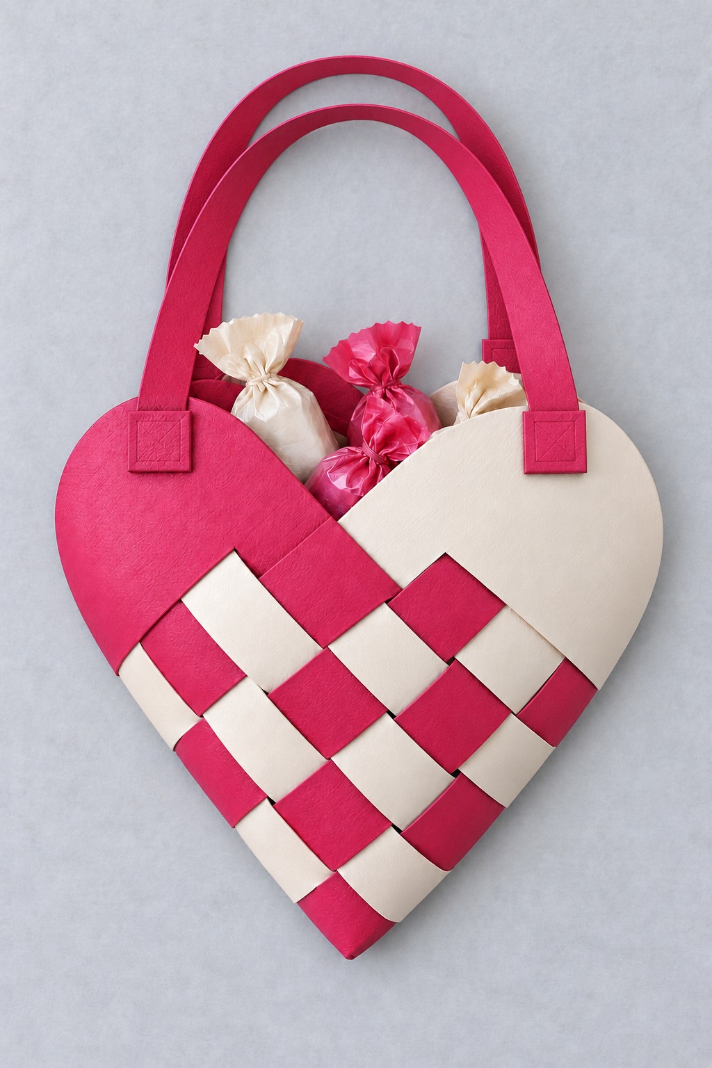 Red and cream woven paper heart handbag with two red handles and wrapped treats inside