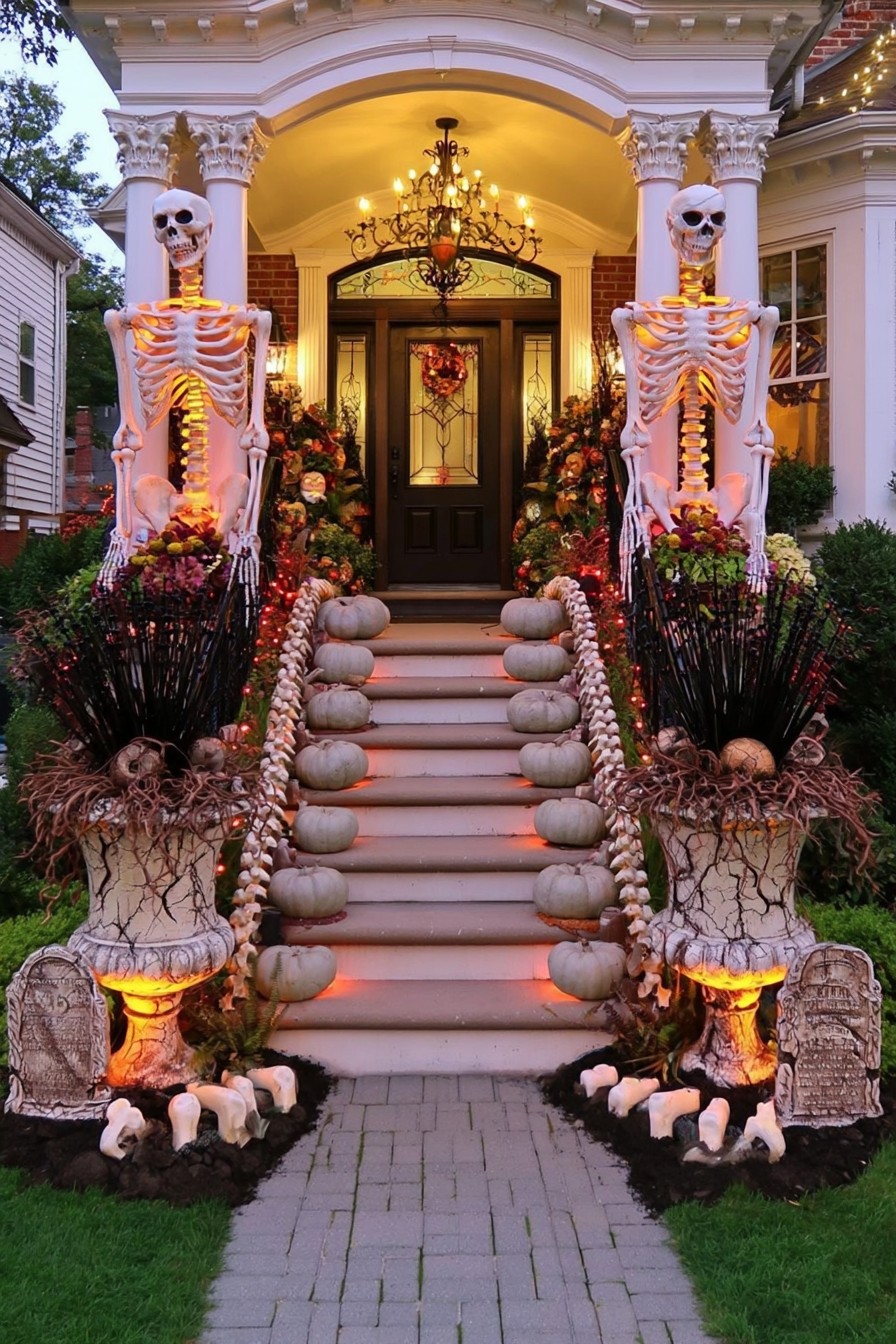 Two oversized skeletons beside porch columns with pale pumpkins and faux bone edging