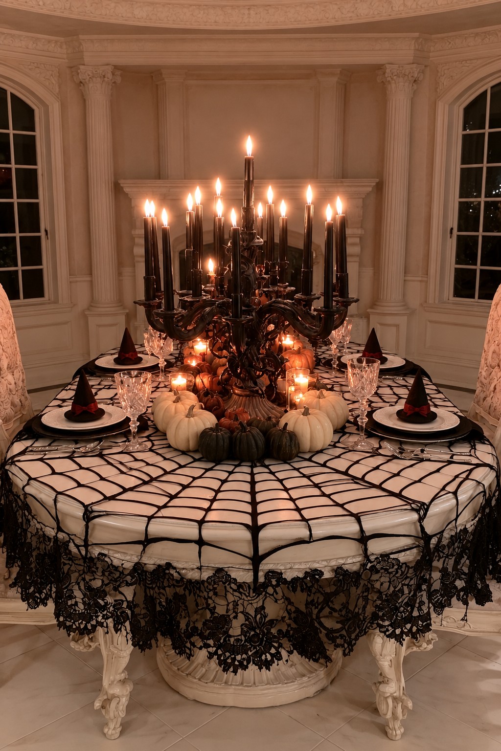 Round ivory table with black spiderweb overlay, pumpkin ring, and miniature witch hat place settings